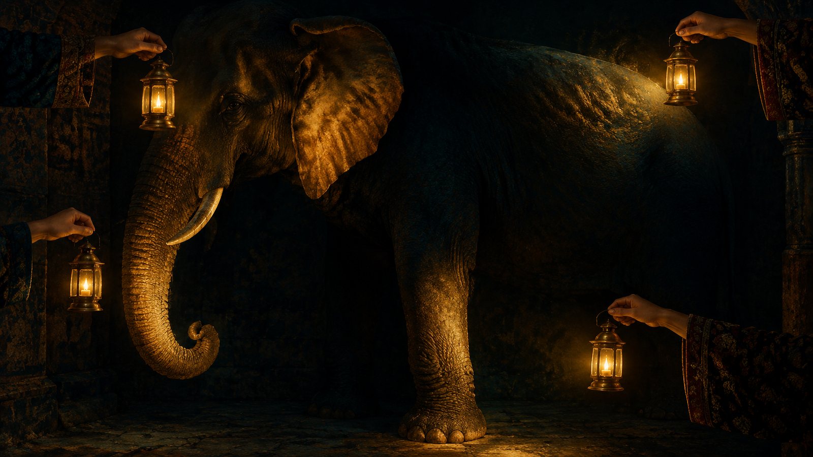 A dark room with several hands holding small lanterns, each lighting a different part of a large elephant that is only partly visible