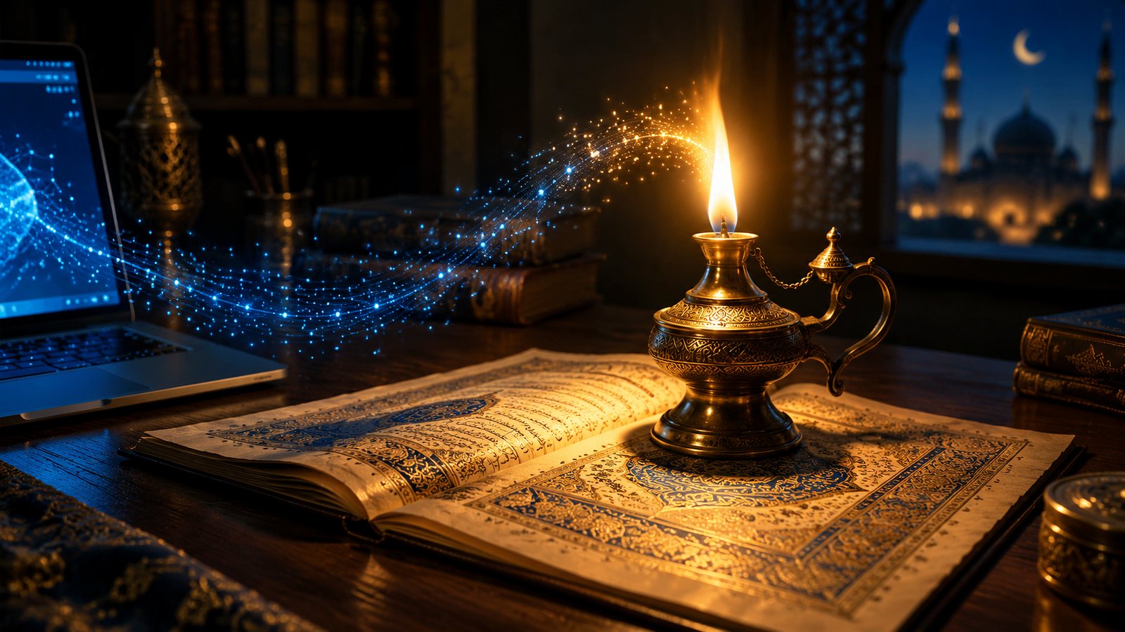 An old brass oil lamp on an open manuscript, with faint streams of light and data flowing into its flame