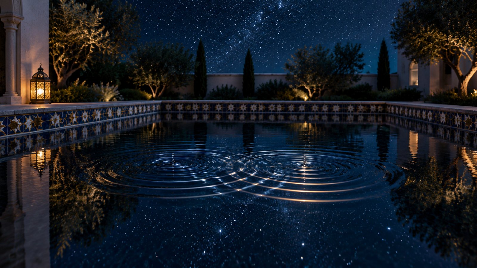 A still pool at night reflecting the stars, with a single drop sending interference ripples across the surface