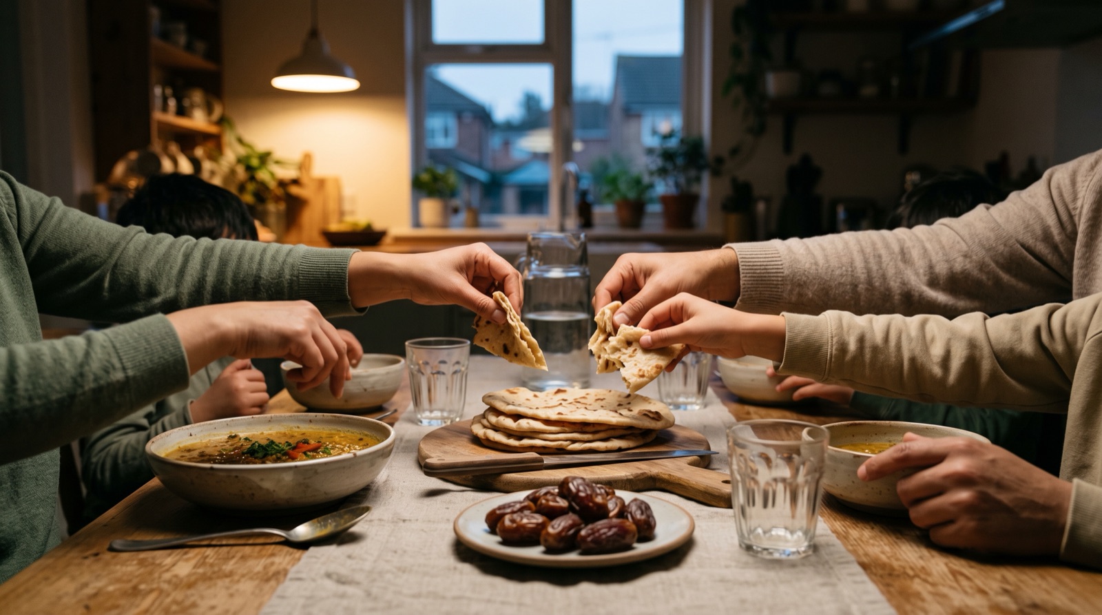 A simple family meal of bread, dates and soup on a modest kitchen table in warm evening light