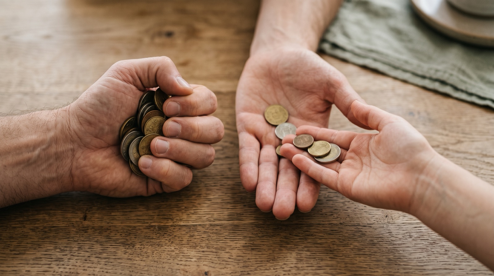 One hand clenched around coins beside an open hand giving coins to another