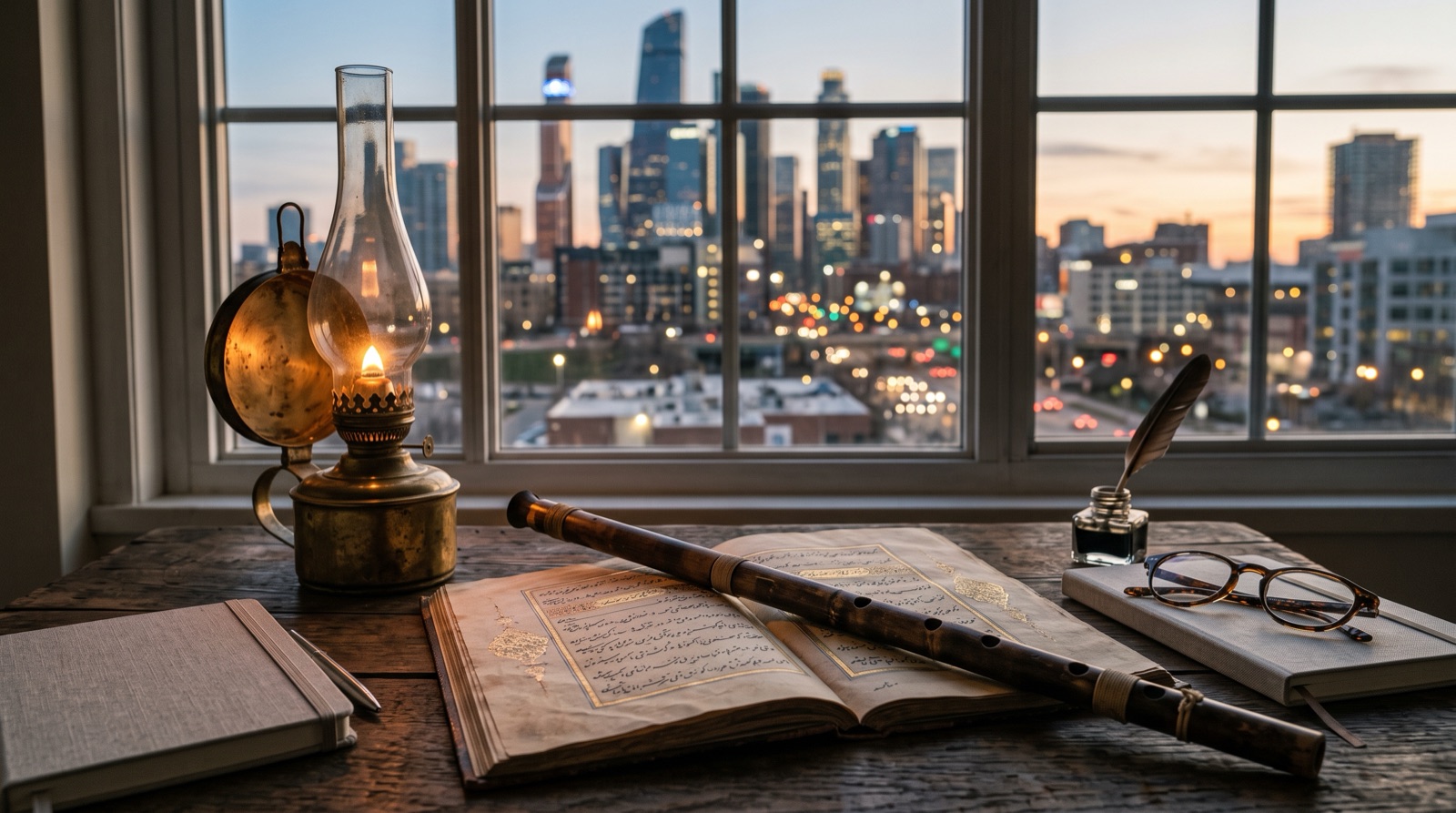 An oil lamp and a reed flute resting on a manuscript of Persian poetry, with a modern city at dusk through the window