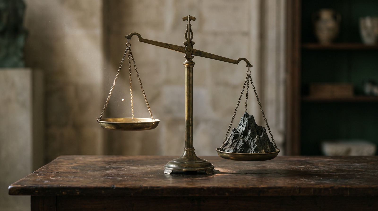 An old brass balance with a speck of dust on one pan and a small mountain on the other